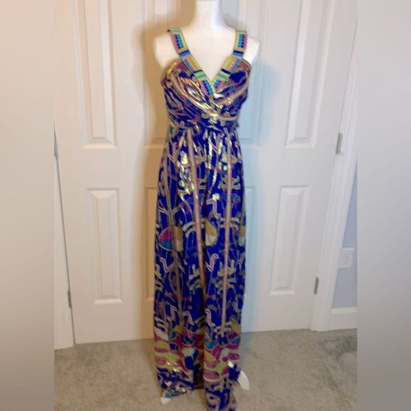 Nicole Miller Silk Sheer Metallic Aztec Cleopatra Multicolor Goddess Maxi Size 6 - Picture 2 of 14